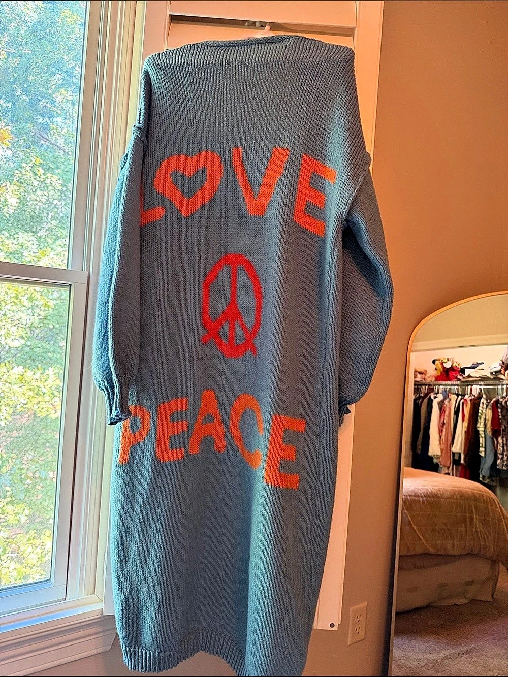 Love and Peace Knit Cardigan turquoise & Red Orange Graphic Long Cardigan oversi